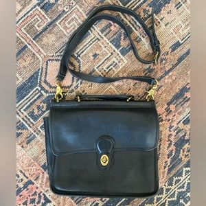 Vintage Coach Purse, black leather with brass hardware.
